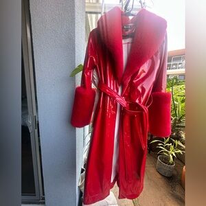 Red Faux Fur Trim Trench Coat